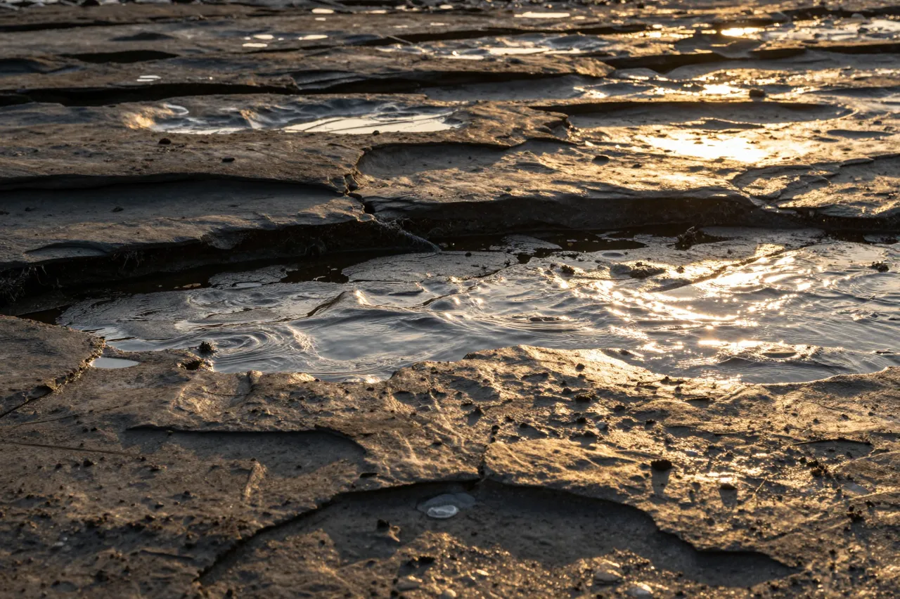 Golden sunset light glints off shallow tide pools across a cracked flat rocky shoreline