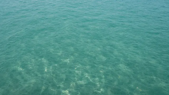 Top-down view of calm sunlit turquoise clear water with gentle ripples and light refraction patterns.