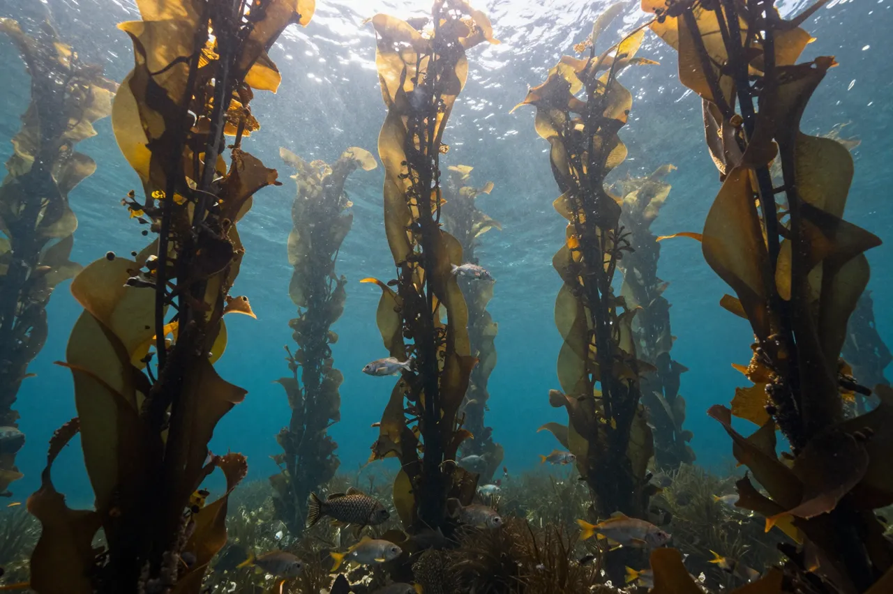 Sunbeams filter through clear blue ocean water over tall kelp stalks and small swimming fish
