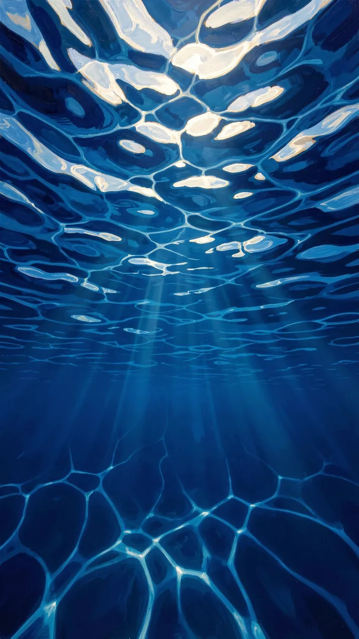 Painting of deep blue underwater ocean with sunbeams filtering through rippled surface light reflections