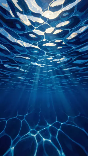 Painting of deep blue underwater ocean with sunbeams filtering through rippled surface light reflections