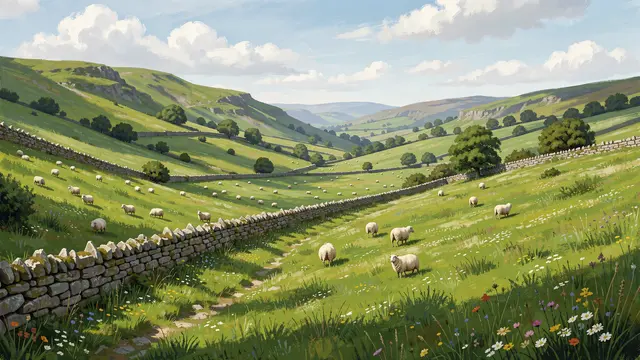 A painterly wide view of a green rolling valley with stone walls, grazing sheep and scattered trees under a bright cloudy sky