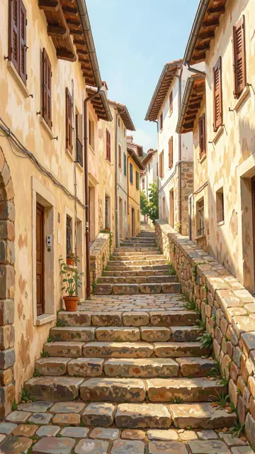 A plein air painting of an old stone stairway climbing between sunlit plaster village houses under a pale blue sky