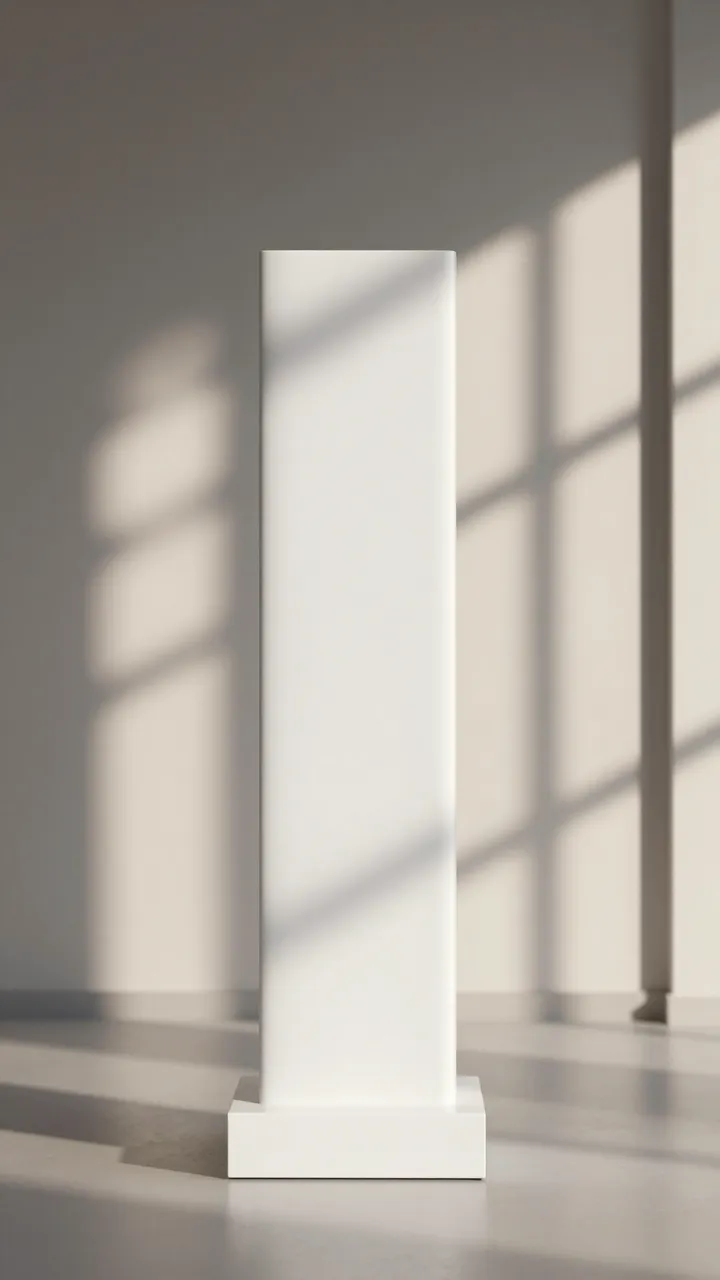 Tall white product plinth stands in a sunlit room with soft window shadow patterns across surfaces.