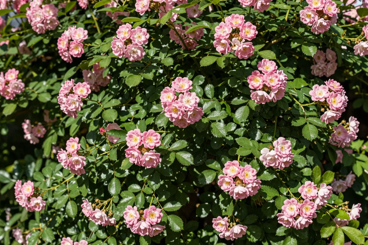 Bright summer sunlight illuminates dense clusters of soft pink wild roses against lush green foliage.
