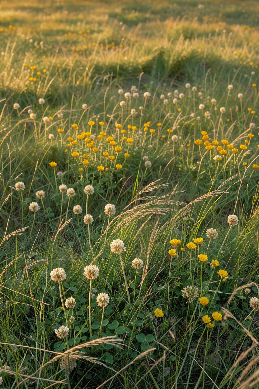 Golden hour sunlight illuminates a meadow dotted with white clover and yellow wildflowers among tall grass