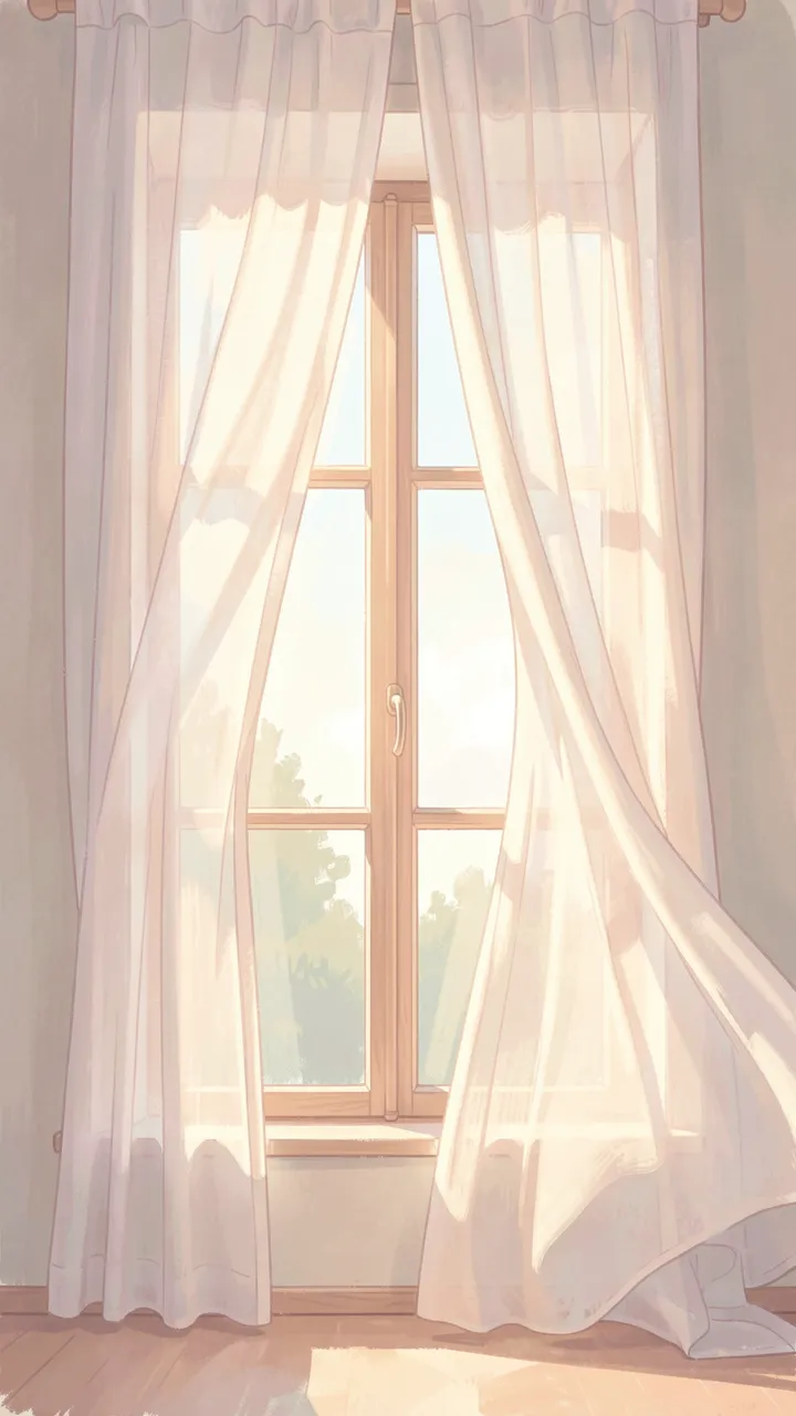 Soft pastel illustration of a tall wooden window with billowing sheer curtains in warm sunlight