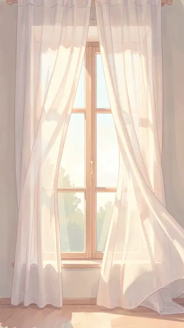 Soft pastel illustration of a tall wooden window with billowing sheer curtains in warm sunlight