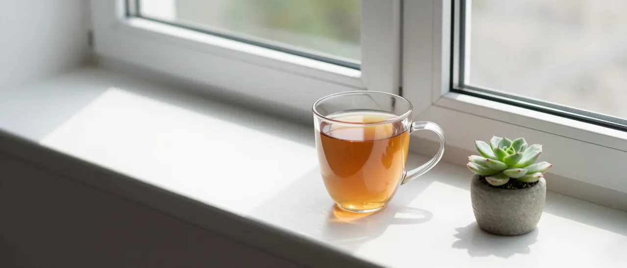 A glass mug of tea and small potted succulent sit on a bright sunlit windowsill with empty space to the left.