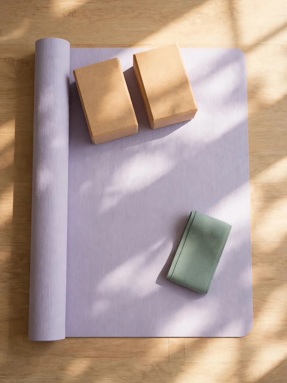 Overhead view of a partially unrolled pale purple yoga mat with blocks and a strap on sunlit wooden flooring