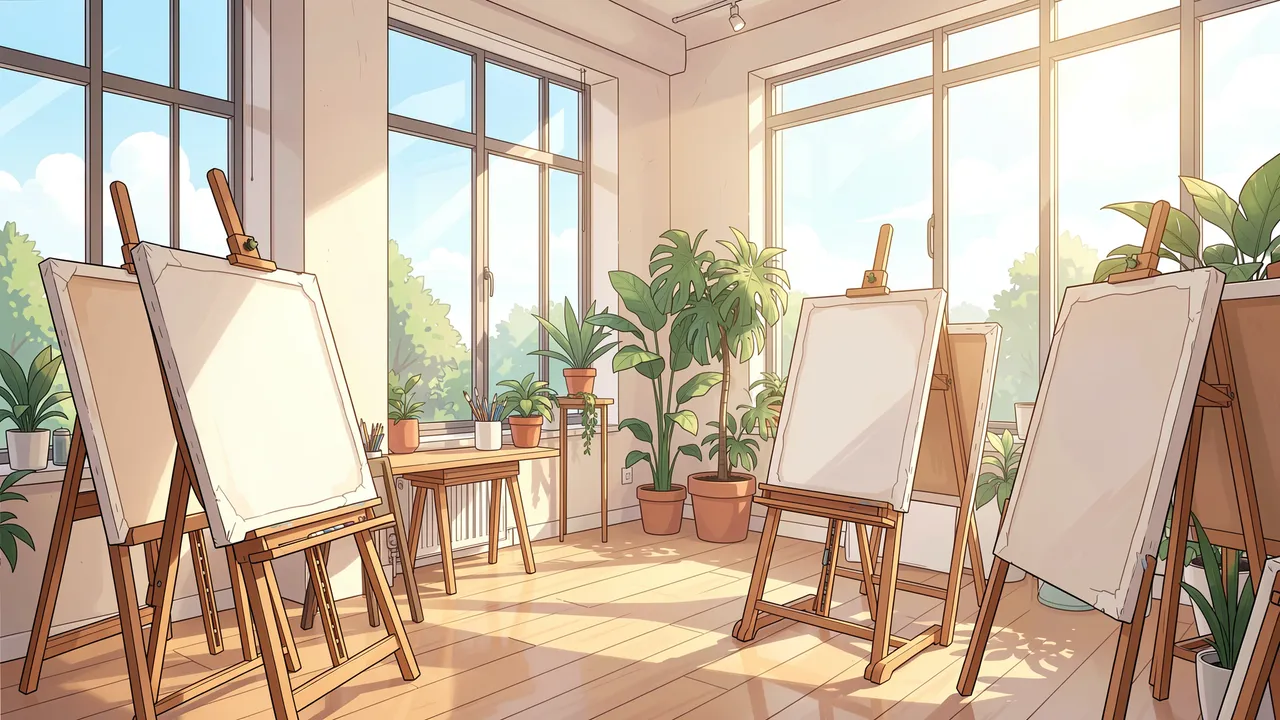 Bright sunlit anime-style art studio filled with easels, blank canvases, and potted plants by large windows.