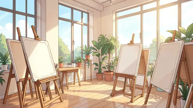 Bright sunlit anime-style art studio filled with easels, blank canvases, and potted plants by large windows.