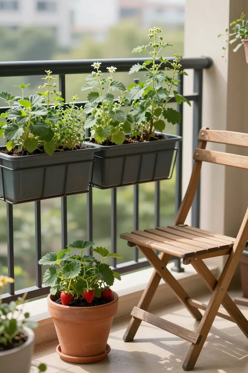 Morning light illuminates a small balcony with railing planters, a terracotta strawberry pot, and a wooden folding chair.