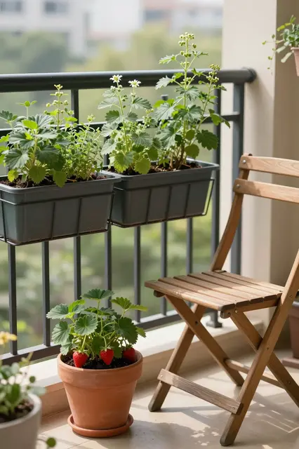 Morning light illuminates a small balcony with railing planters, a terracotta strawberry pot, and a wooden folding chair.