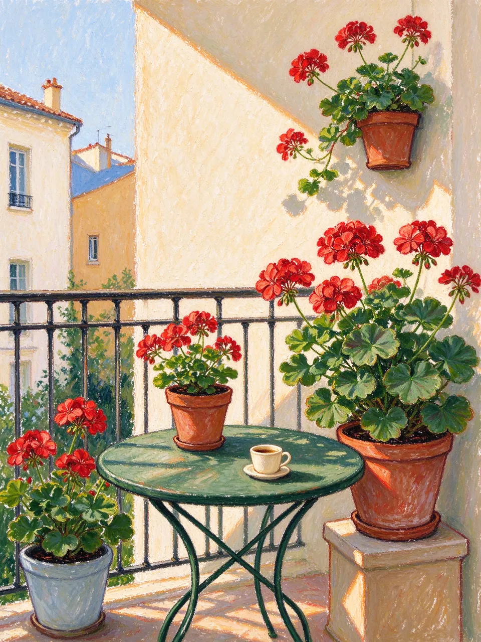 Oil pastel painting of a sunlit balcony with potted red geraniums and a small bistro table holding an espresso cup