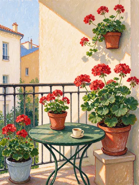 Oil pastel painting of a sunlit balcony with potted red geraniums and a small bistro table holding an espresso cup
