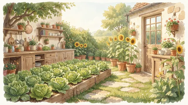 Gouache illustration of a bright cottage kitchen garden with raised lettuce beds and potted sunflowers in warm sunlight
