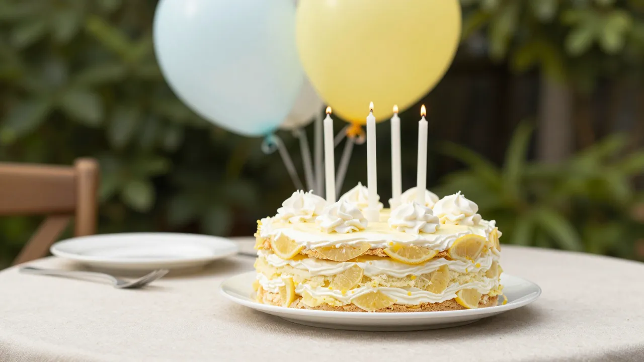 Lemon layer cake with lit candles sits on a linen garden table with blurred pastel balloons in the background