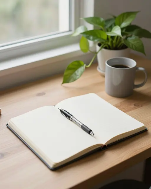 Open blank notebook with pen, coffee mug and pothos plant sit on a wooden desk by a bright window