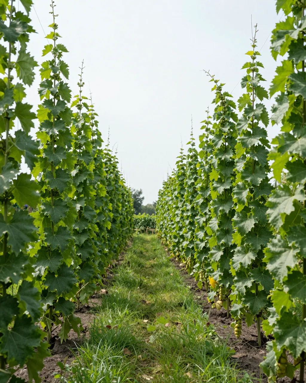 Grassy path runs between tall climbing hop bines under a bright pale summer sky