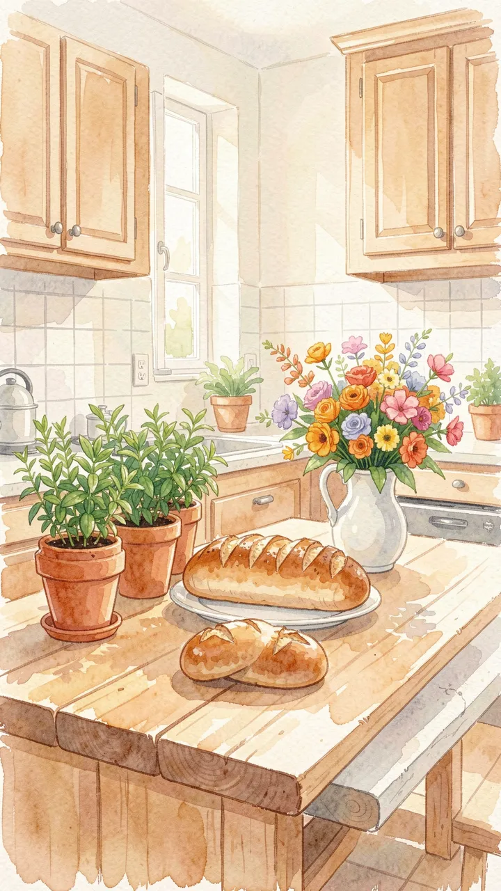 Watercolor illustration of a sunlit kitchen with potted herbs, fresh bread, and a flower bouquet on a wooden table