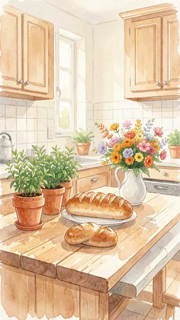 Watercolor illustration of a sunlit kitchen with potted herbs, fresh bread, and a flower bouquet on a wooden table