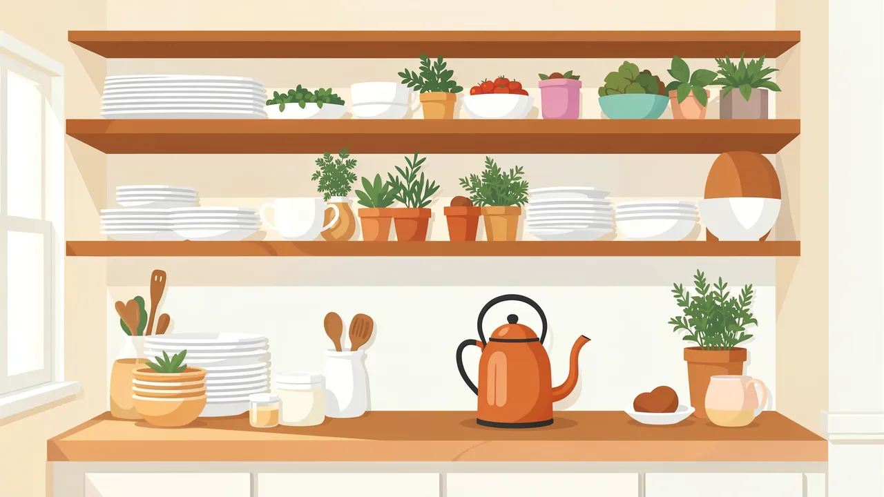 Bright flat vector illustration of a sunny kitchen countertop with open wooden shelves holding dishes, potted herbs, and a