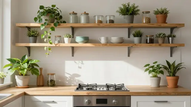 Bright sunlit kitchen interior with wooden open shelves, houseplants, and glass storage jars above a gas stovetop.
