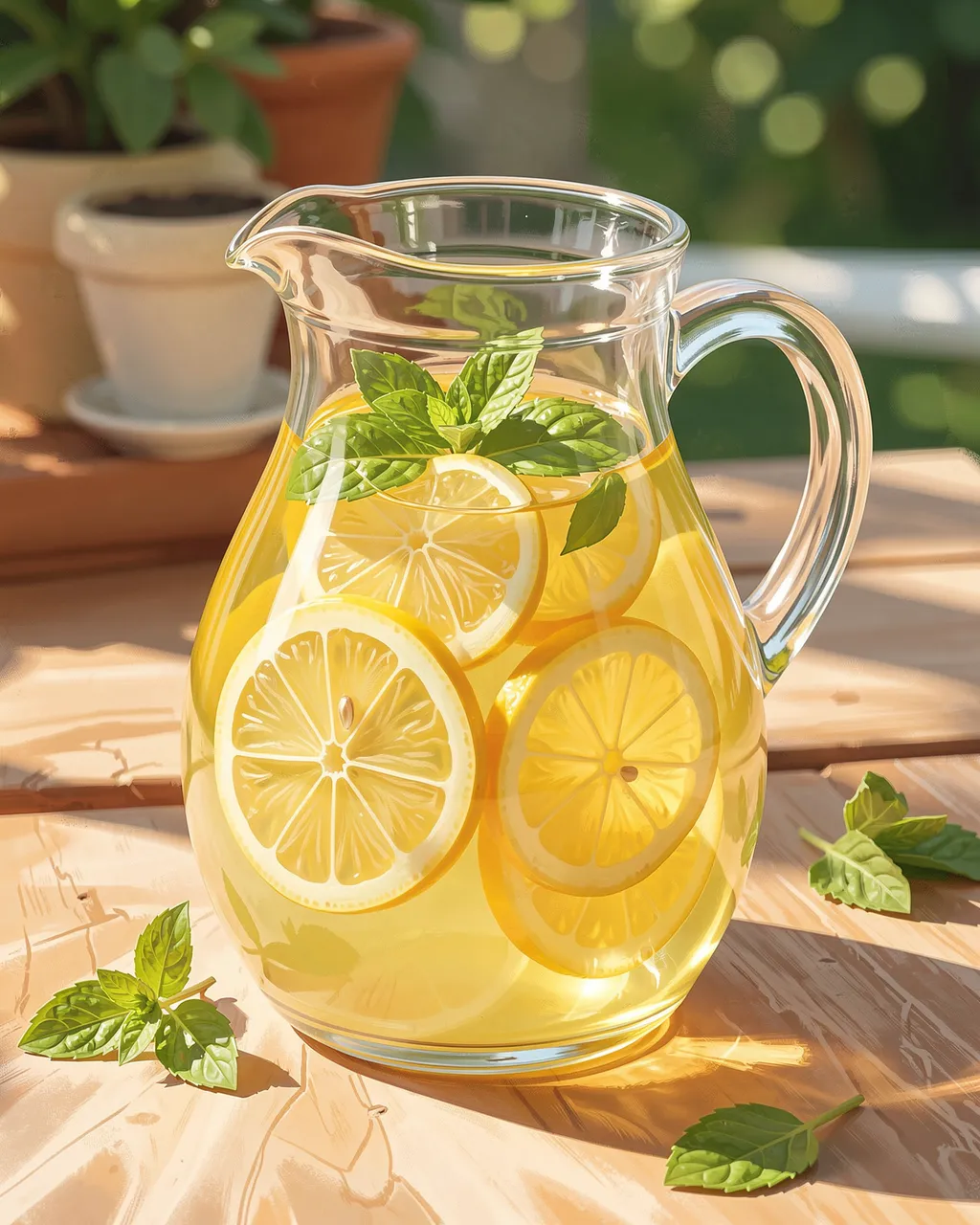 A glass pitcher of lemonade with lemon slices and mint sits on a sunlit wooden outdoor table