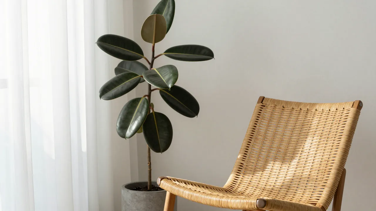 Bright sunlit living room corner with rattan chair, rubber plant and sheer white curtains
