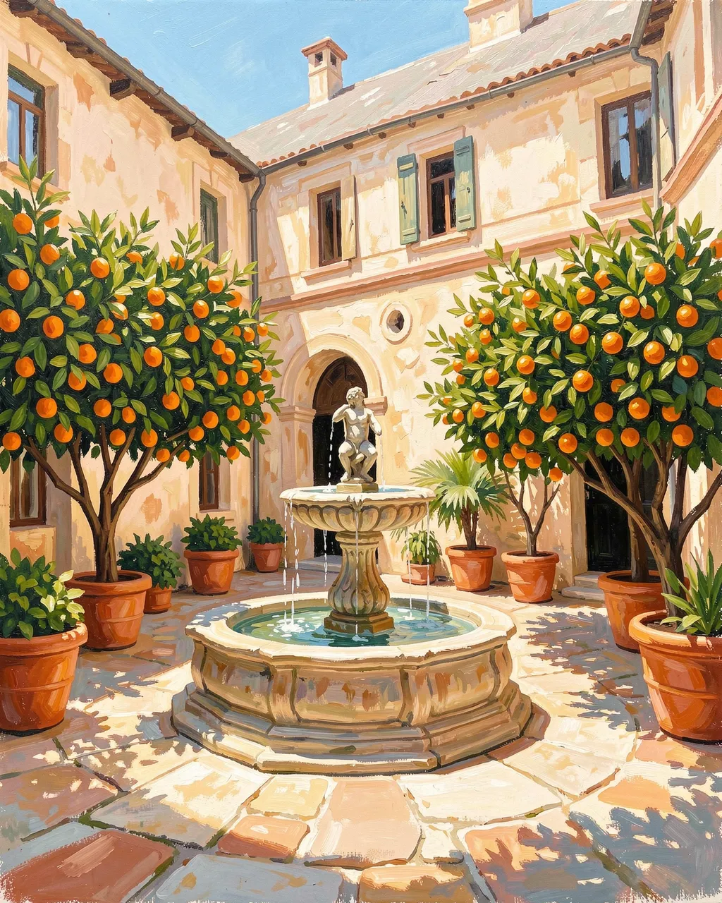 Gouache painting of a sunny stone courtyard with a tiered fountain and potted orange trees