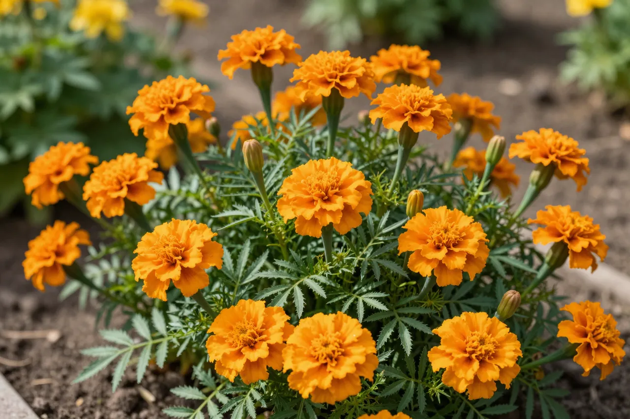 Clustered bright orange marigold flowers growing in a sunlit garden bed with dark soil