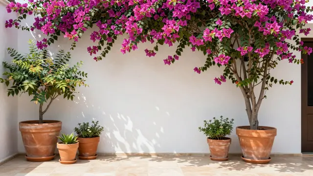 Bright sunlit patio lined with terracotta potted plants and pink bougainvillea over a white wall