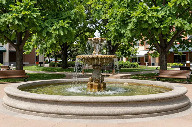 A tiered stone fountain sits at the center of a sunny paved plaza surrounded by leafy trees and wooden benches