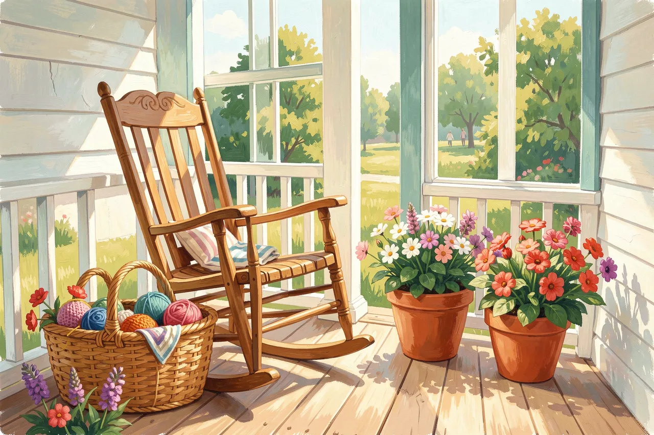 Gouache illustration of a sunlit porch with a wooden rocking chair, knitting basket and potted spring flowers