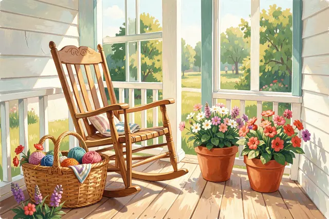 Gouache illustration of a sunlit porch with a wooden rocking chair, knitting basket and potted spring flowers