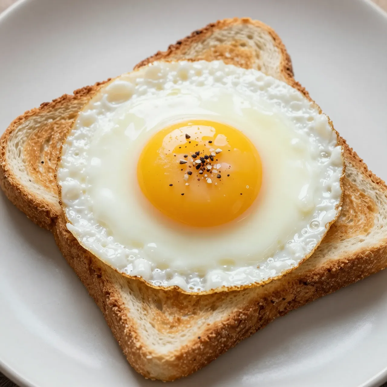 Top view of a sunny side up fried egg with cracked pepper resting on toasted bread on a light plate