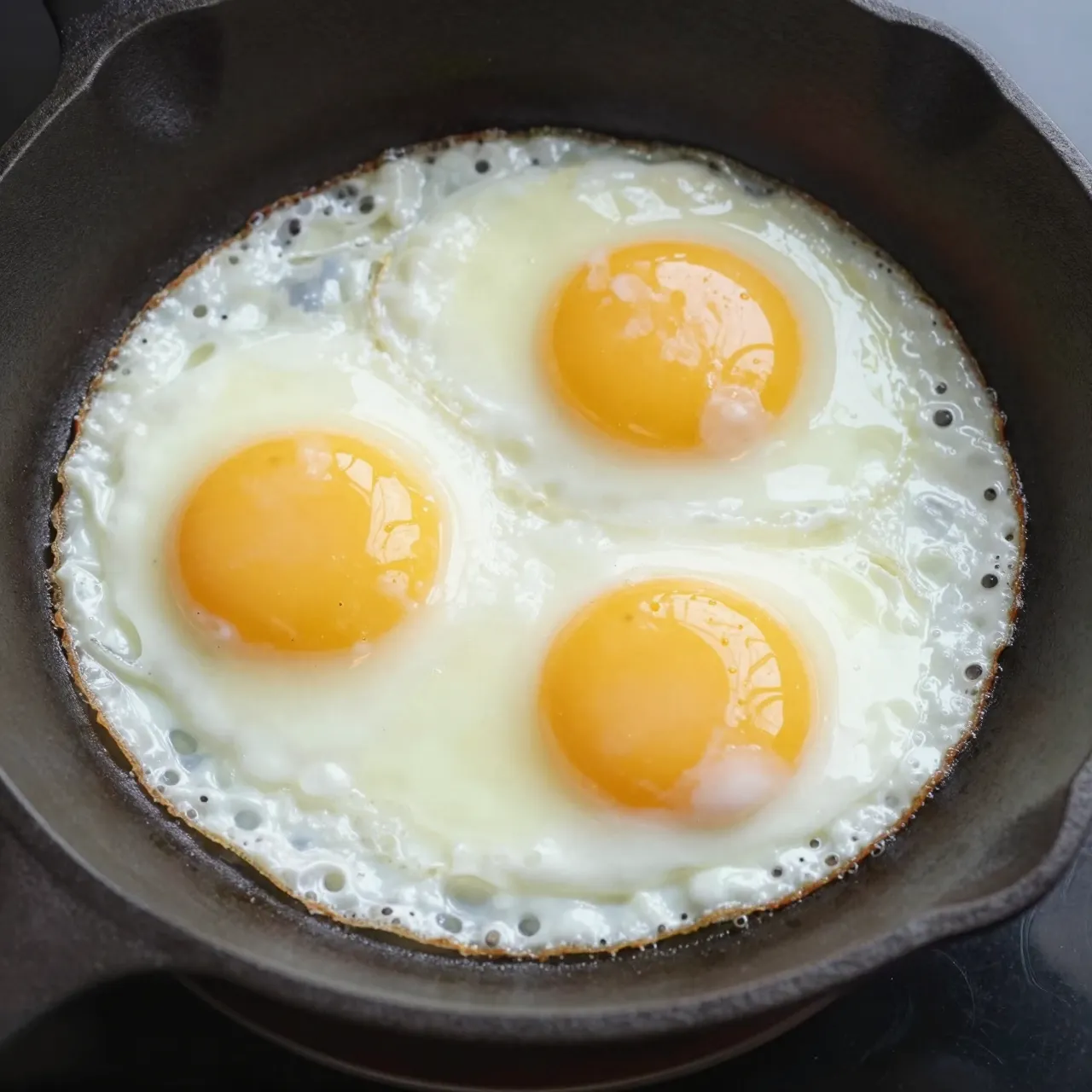 Three sunny side up fried eggs rest in a dark cast iron skillet viewed from directly above