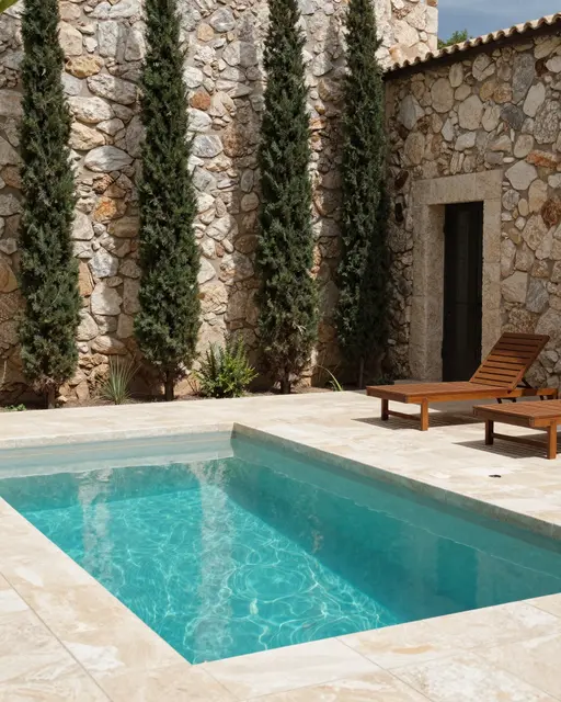 A small turquoise plunge pool sits on a tiled patio beside rough stone walls, cypress trees, and wooden loungers in bright