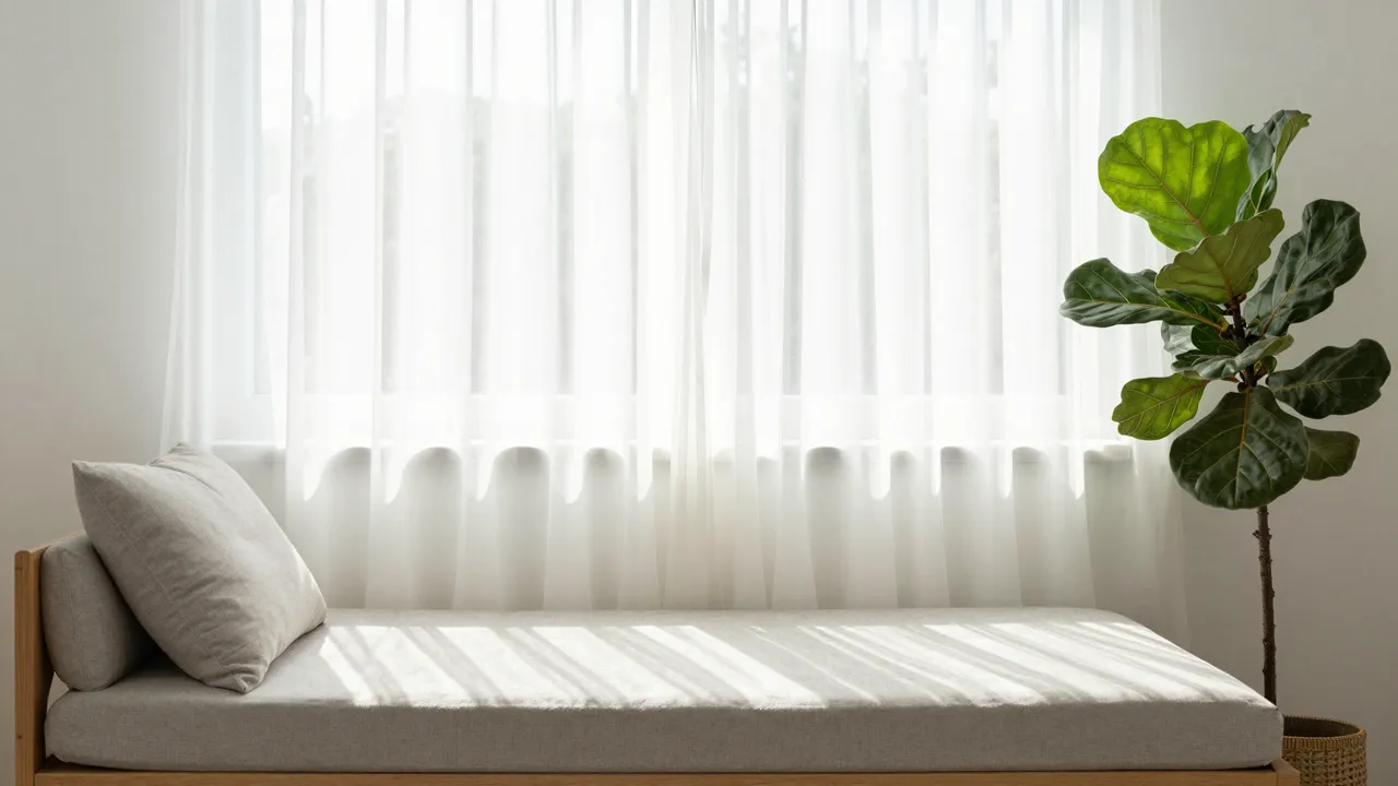 Bright sunlit studio nook with a daybed, sheer curtains, and a fiddle-leaf fig plant