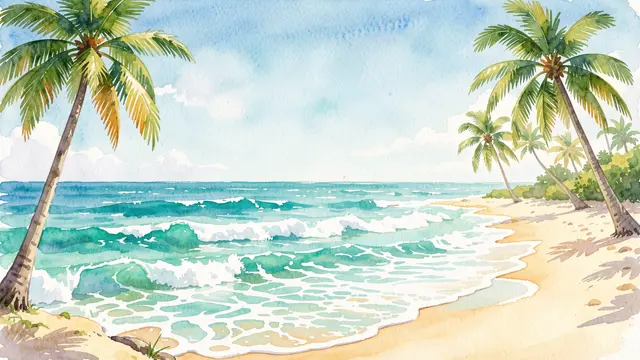 Watercolor painting of a sunny tropical beach with turquoise waves lapping at sand between palm trees