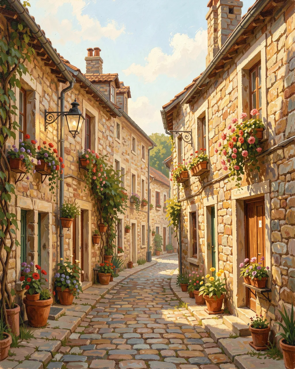 Plein air painting of a quiet cobblestone village street lined with stone houses and flower boxes in warm afternoon sun