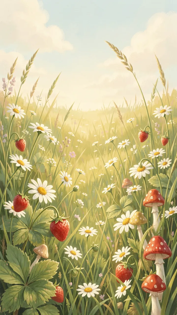 Soft painterly vertical meadow scene with wild strawberries, daisies, fly agaric mushrooms and warm sunlit sky