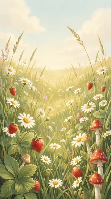 Soft painterly vertical meadow scene with wild strawberries, daisies, fly agaric mushrooms and warm sunlit sky