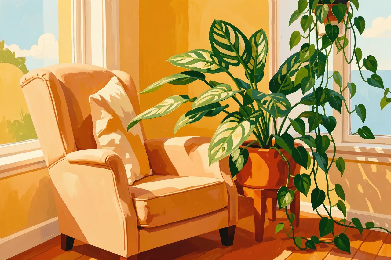 A gouache illustration of a beige wingback armchair next to sunlit windows with a calathea and trailing pothos houseplants