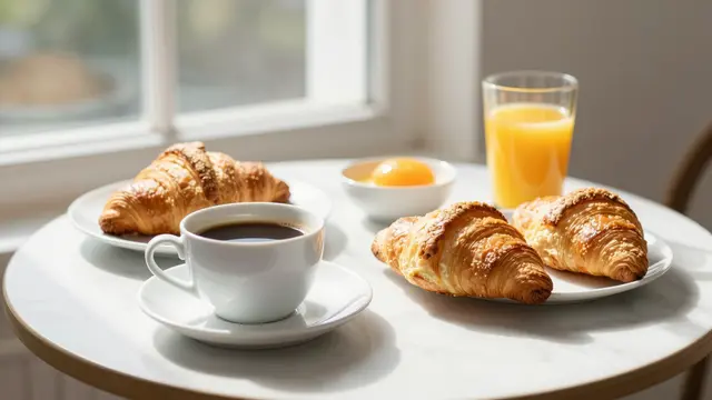 A marble breakfast table near a sunlit window holds coffee, croissants, orange juice, and a small bowl.