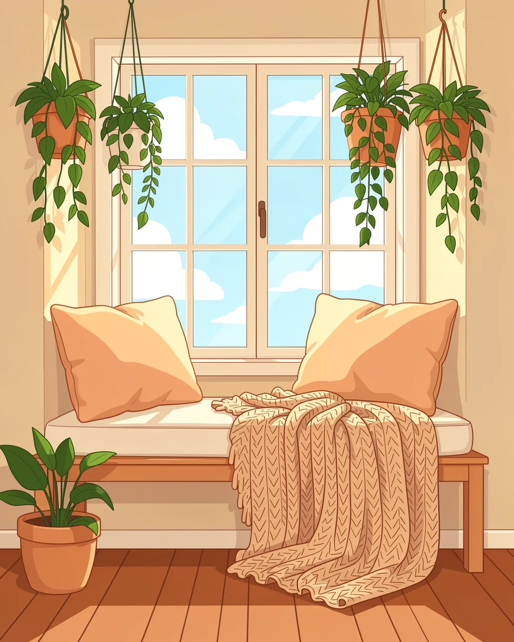 Cozy illustrated window seat with cushions, a knitted throw and trailing hanging houseplants beside a sunny window