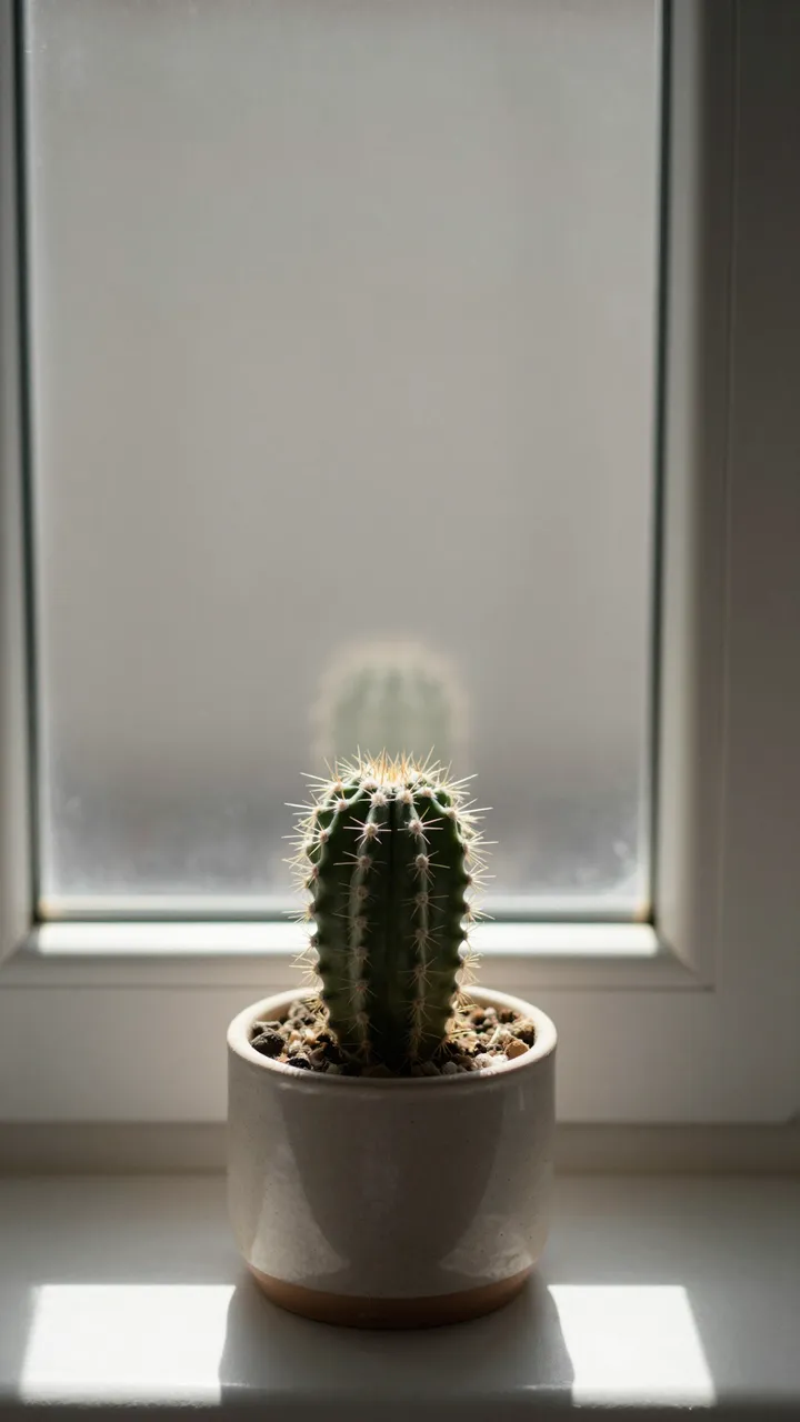 A small potted cactus sits on a bright windowsill with empty vertical copy space above it
