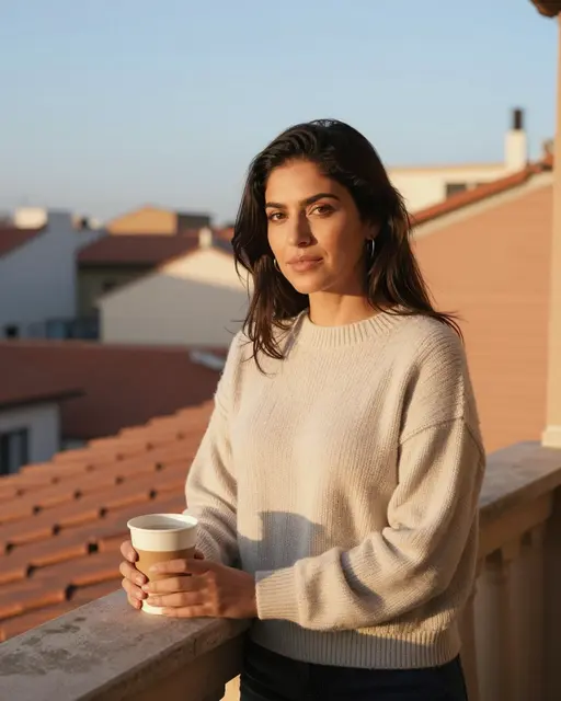 Woman in a cream wool sweater holds a coffee cup while standing on a sunlit balcony at sunrise