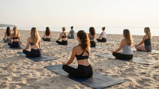Group of people seated on yoga mats in rows on a sandy beach facing calm water at sunrise
